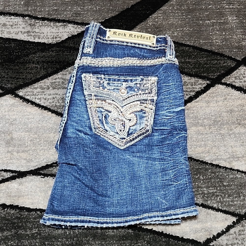 ROCK REVIVAL DELLAH EASY EMBROIDERED RHINESTONES SEQUINS FAUX-FLAP DENIM SHORTS